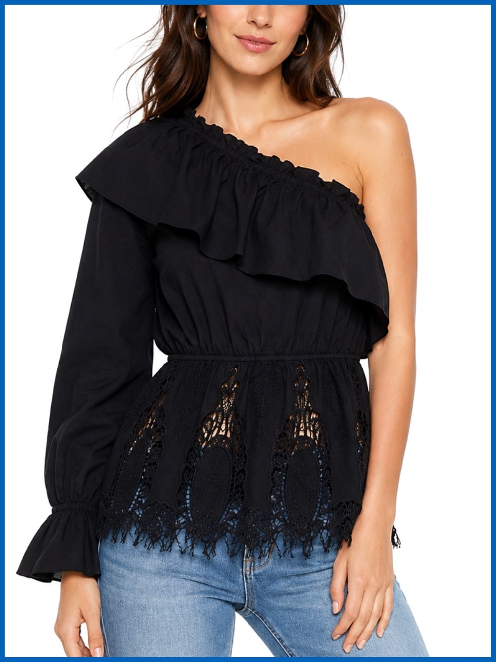 BCBGMaxAzria Ruffled One Shoulder Floral Black Top